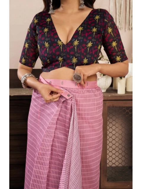 Women's Faux Linen Geometric Ready to wear Saree With Unstitched Blouse 5.5Mtr (LightPink)