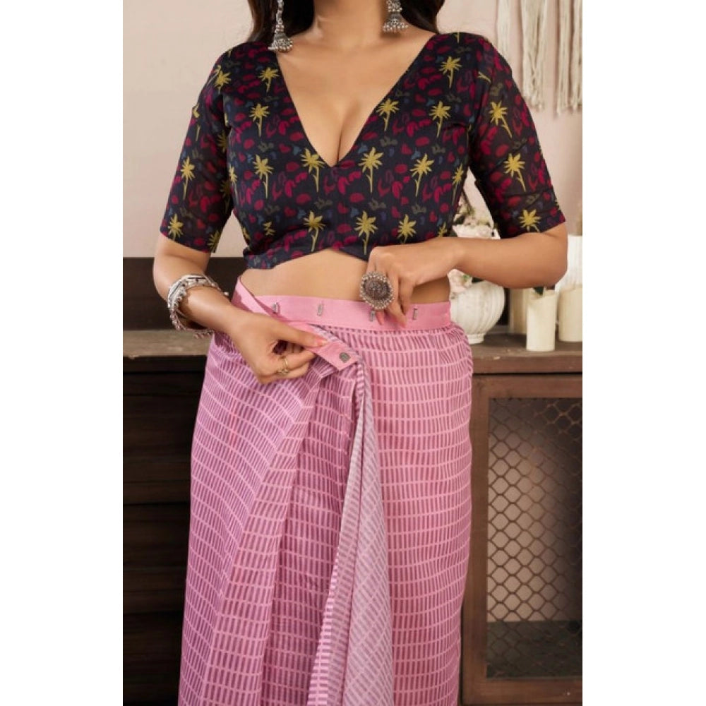Women's Faux Linen Geometric Ready to wear Saree With Unstitched Blouse 5.5Mtr (LightPink)
