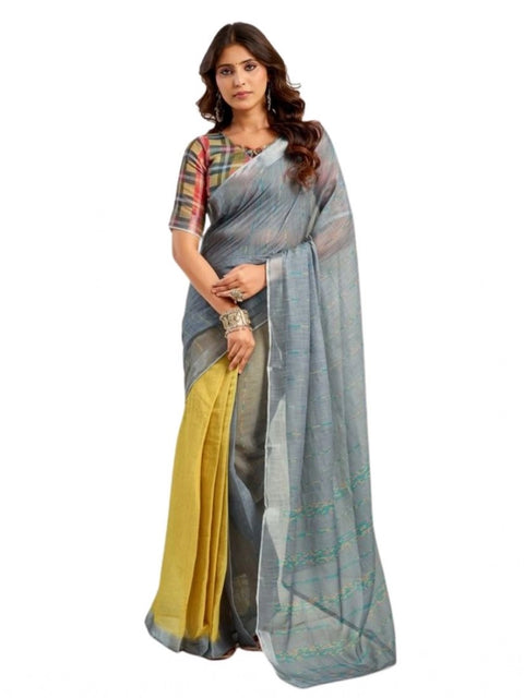 Generic Women's Faux Linen Geometric Ready to wear Saree With Unstitched Blouse 5.5Mtr (Grey)