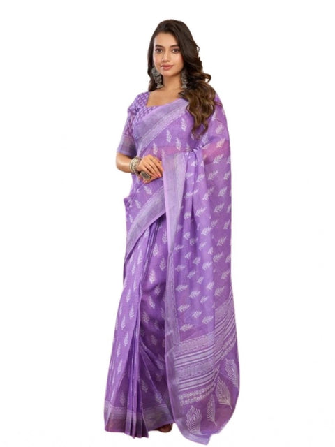 Generic Women's Faux Linen Floral Ready to wear Saree With Unstitched Blouse 5.5Mtr (Lavender)