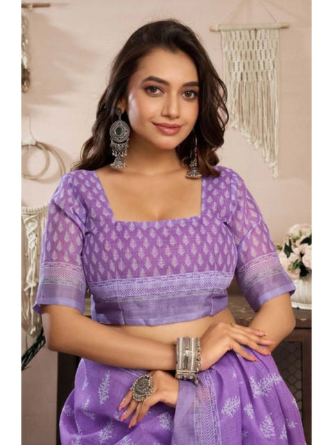 Generic Women's Faux Linen Floral Ready to wear Saree With Unstitched Blouse 5.5Mtr (Lavender)