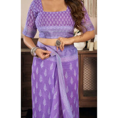 Generic Women's Faux Linen Floral Ready to wear Saree With Unstitched Blouse 5.5Mtr (Lavender)