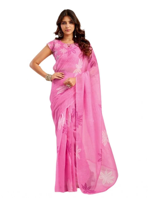Generic Women's Faux Linen Floral Ready to wear Saree With Unstitched Blouse 5.5Mtr (Light_Pink)