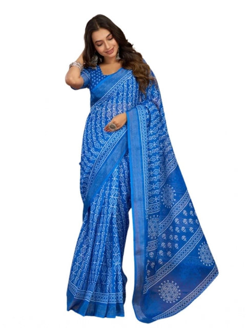 Generic Women's Faux Linen Geometric Print Ready to wear Saree With Unstitched Blouse 5.5Mtr (Blue)