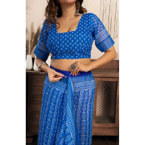 Women's Faux Linen Geometric Print Ready to wear Saree With Unstitched Blouse 5.5Mtr (Blue)