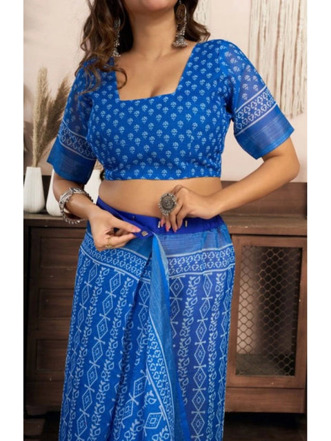 Women's Faux Linen Geometric Print Ready to wear Saree With Unstitched Blouse 5.5Mtr (Blue)