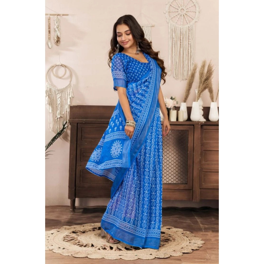 Women's Faux Linen Geometric Print Ready to wear Saree With Unstitched Blouse 5.5Mtr (Blue)