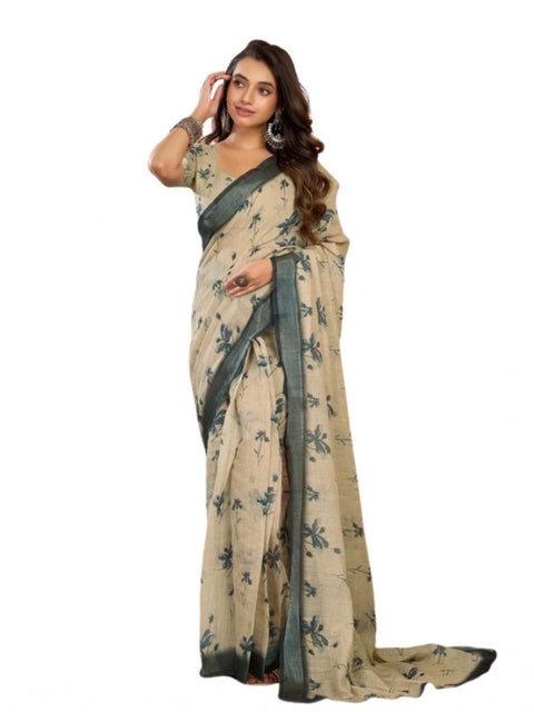 Generic Women's Faux Linen Floral Print Ready to wear Saree With Unstitched Blouse 5.5Mtr (LightBeige)
