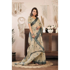 Women's Faux Linen Floral Print Ready to wear Saree With Unstitched Blouse 5.5Mtr (LightBeige)