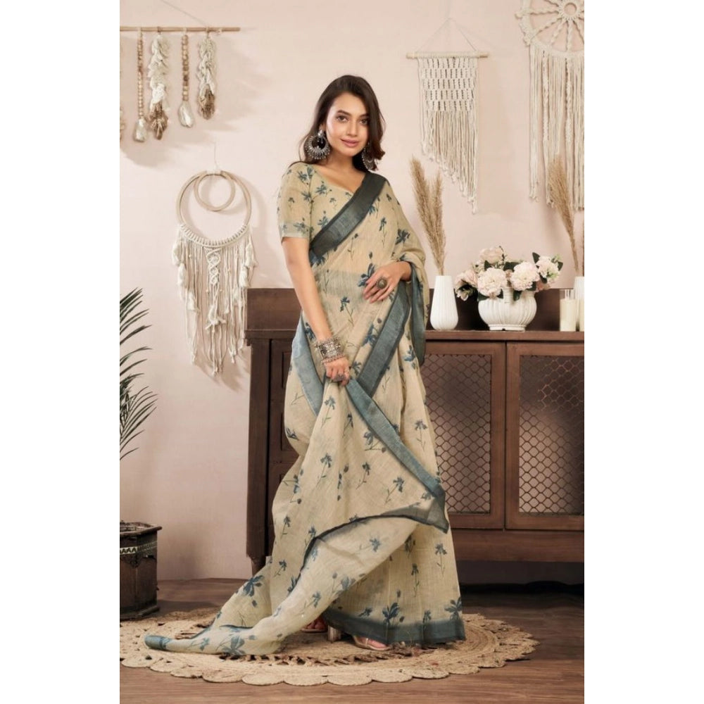Women's Faux Linen Floral Print Ready to wear Saree With Unstitched Blouse 5.5Mtr (LightBeige)