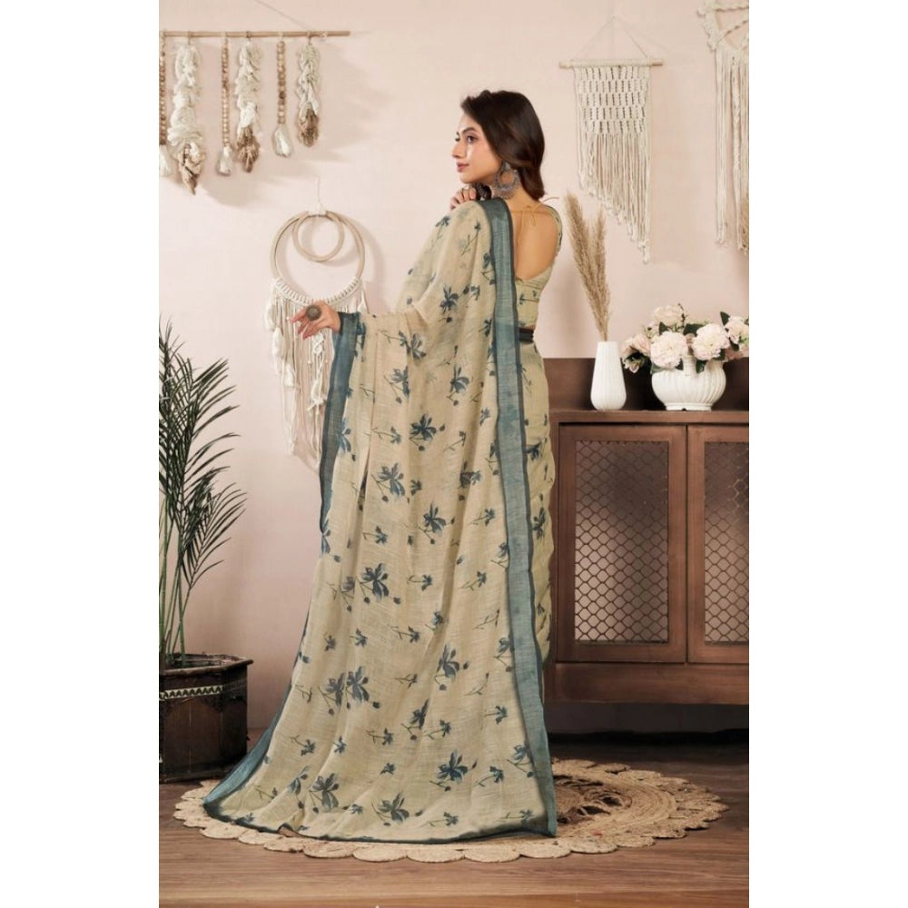 Women's Faux Linen Floral Print Ready to wear Saree With Unstitched Blouse 5.5Mtr (LightBeige)
