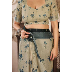 Women's Faux Linen Floral Print Ready to wear Saree With Unstitched Blouse 5.5Mtr (LightBeige)