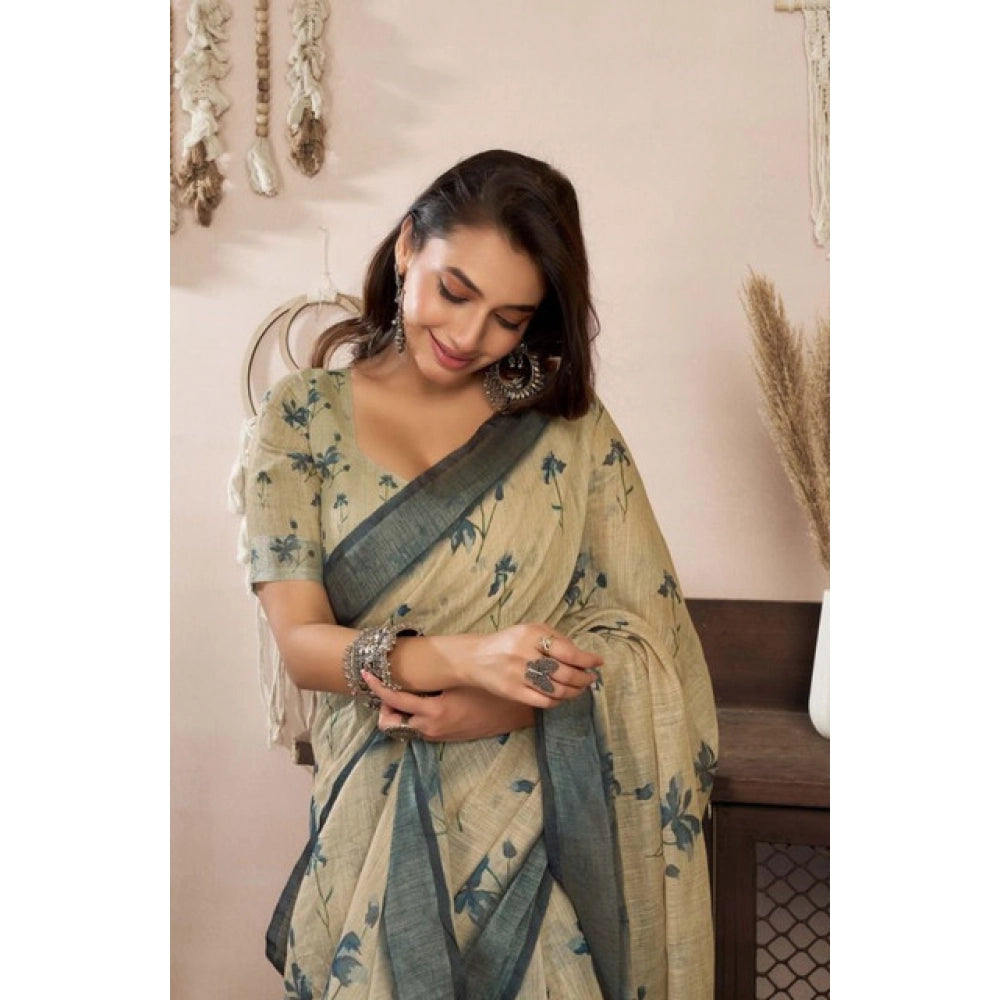 Women's Faux Linen Floral Print Ready to wear Saree With Unstitched Blouse 5.5Mtr (LightBeige)