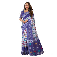 Generic Women's Faux Linen Geometric Print Ready to wear Saree With Unstitched Blouse 5.5Mtr (Blue)