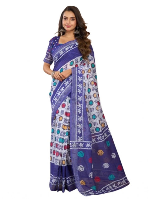 Generic Women's Faux Linen Geometric Print Ready to wear Saree With Unstitched Blouse 5.5Mtr (Blue)