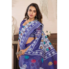 Women's Faux Linen Geometric Print Ready to wear Saree With Unstitched Blouse 5.5Mtr (Blue)