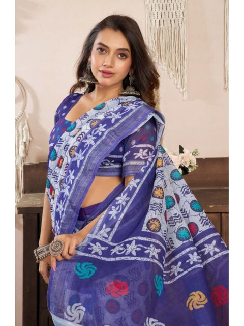Women's Faux Linen Geometric Print Ready to wear Saree With Unstitched Blouse 5.5Mtr (Blue)