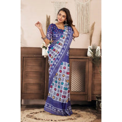 Women's Faux Linen Geometric Print Ready to wear Saree With Unstitched Blouse 5.5Mtr (Blue)