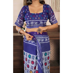 Women's Faux Linen Geometric Print Ready to wear Saree With Unstitched Blouse 5.5Mtr (Blue)