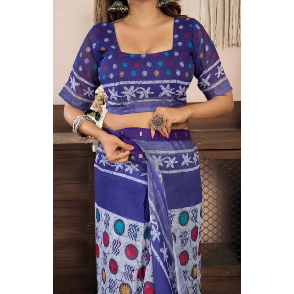 Women's Faux Linen Geometric Print Ready to wear Saree With Unstitched Blouse 5.5Mtr (Blue)