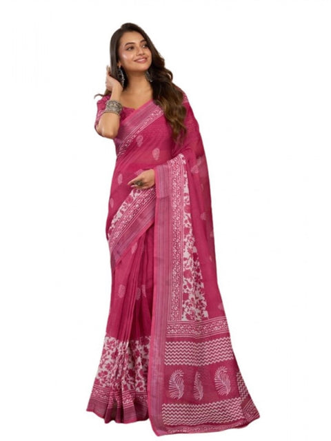 Generic Women's Faux Linen Floral Print Ready to wear Saree With Unstitched Blouse 5.5Mtr (Pink)