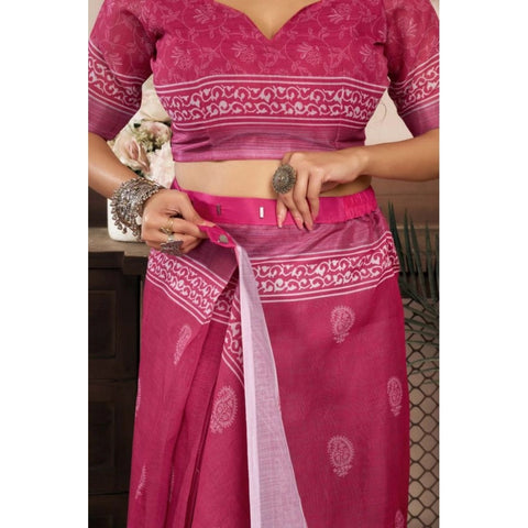 Women's Faux Linen Floral Print Ready to wear Saree With Unstitched Blouse 5.5Mtr (Pink)