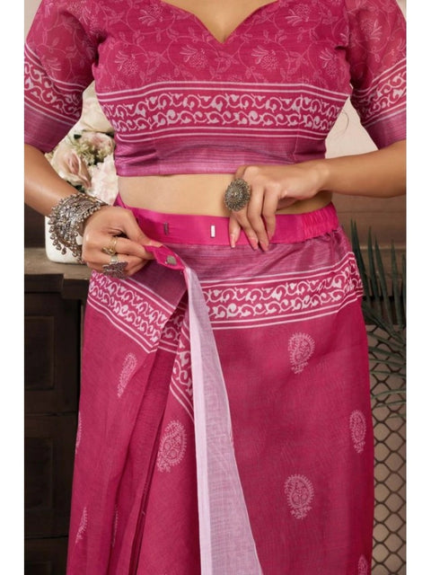 Women's Faux Linen Floral Print Ready to wear Saree With Unstitched Blouse 5.5Mtr (Pink)