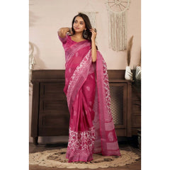Women's Faux Linen Floral Print Ready to wear Saree With Unstitched Blouse 5.5Mtr (Pink)