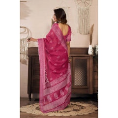 Women's Faux Linen Floral Print Ready to wear Saree With Unstitched Blouse 5.5Mtr (Pink)