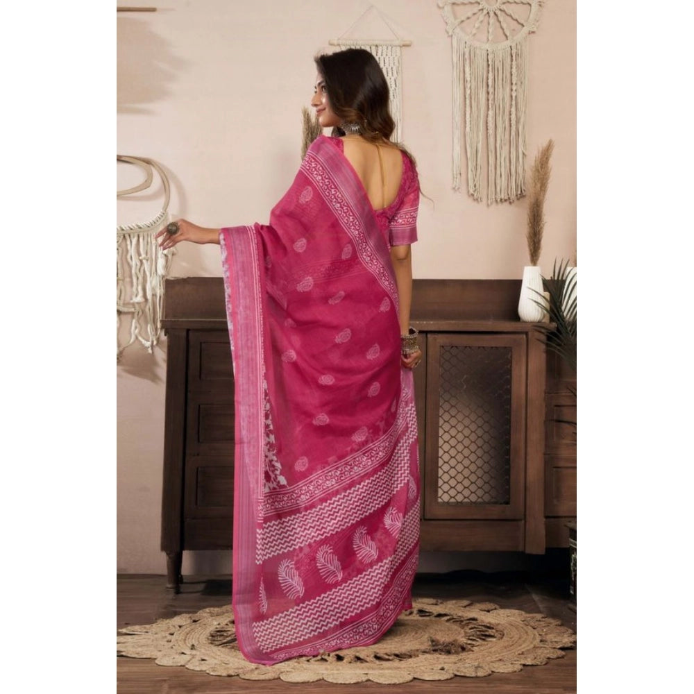 Women's Faux Linen Floral Print Ready to wear Saree With Unstitched Blouse 5.5Mtr (Pink)