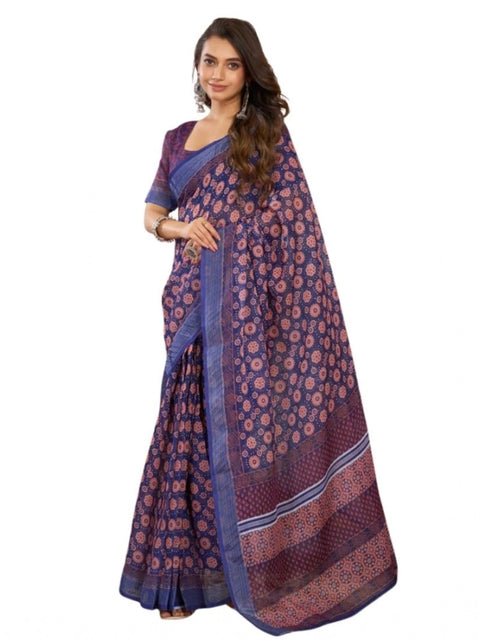 Generic Women's Faux Linen Floral Print Ready to wear Saree With Unstitched Blouse 5.5Mtr (Dark_NavyBlue)
