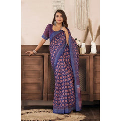 Women's Faux Linen Floral Print Ready to wear Saree With Unstitched Blouse 5.5Mtr (Dark_NavyBlue)