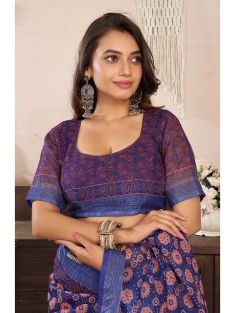 Women's Faux Linen Floral Print Ready to wear Saree With Unstitched Blouse 5.5Mtr (Dark_NavyBlue)