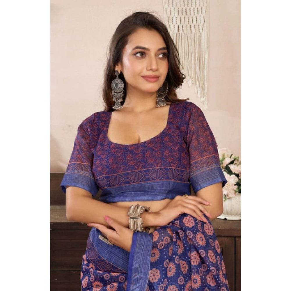 Women's Faux Linen Floral Print Ready to wear Saree With Unstitched Blouse 5.5Mtr (Dark_NavyBlue)