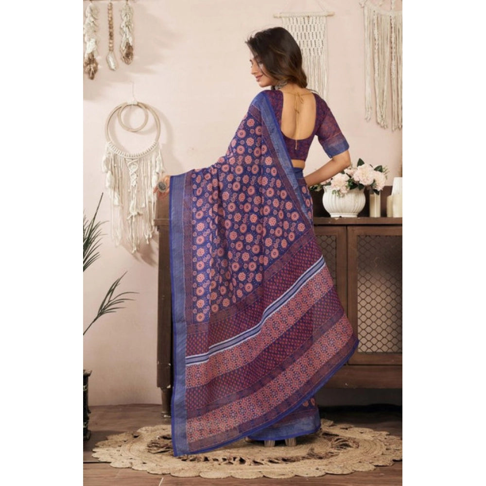 Women's Faux Linen Floral Print Ready to wear Saree With Unstitched Blouse 5.5Mtr (Dark_NavyBlue)