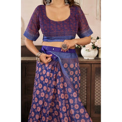 Women's Faux Linen Floral Print Ready to wear Saree With Unstitched Blouse 5.5Mtr (Dark_NavyBlue)
