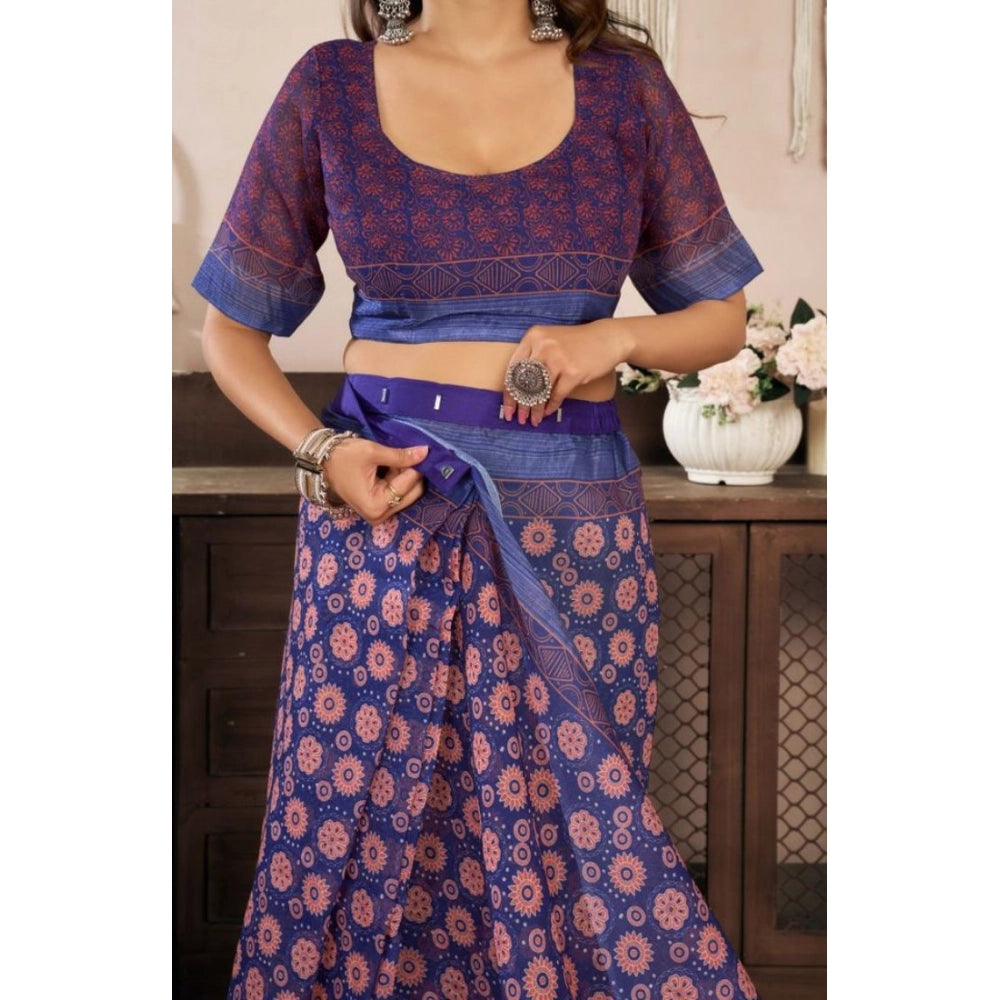 Women's Faux Linen Floral Print Ready to wear Saree With Unstitched Blouse 5.5Mtr (Dark_NavyBlue)