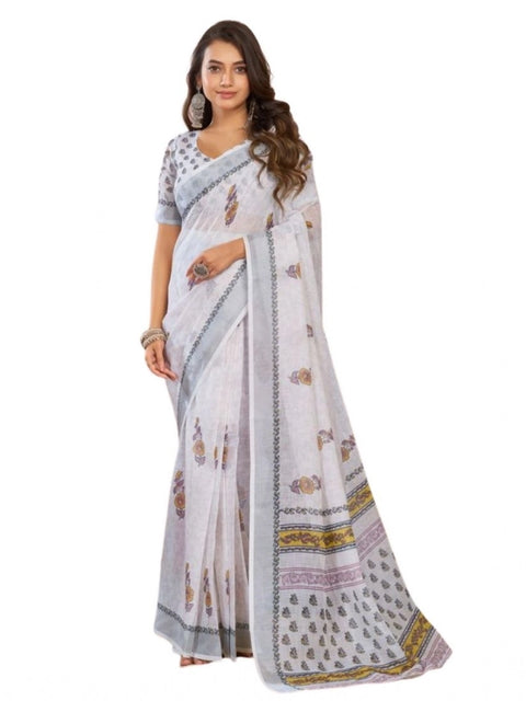 Generic Women's Faux Linen Floral Print Ready to wear Saree With Unstitched Blouse 5.5Mtr (Off_White)