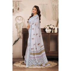 Women's Faux Linen Floral Print Ready to wear Saree With Unstitched Blouse 5.5Mtr (Off_White)