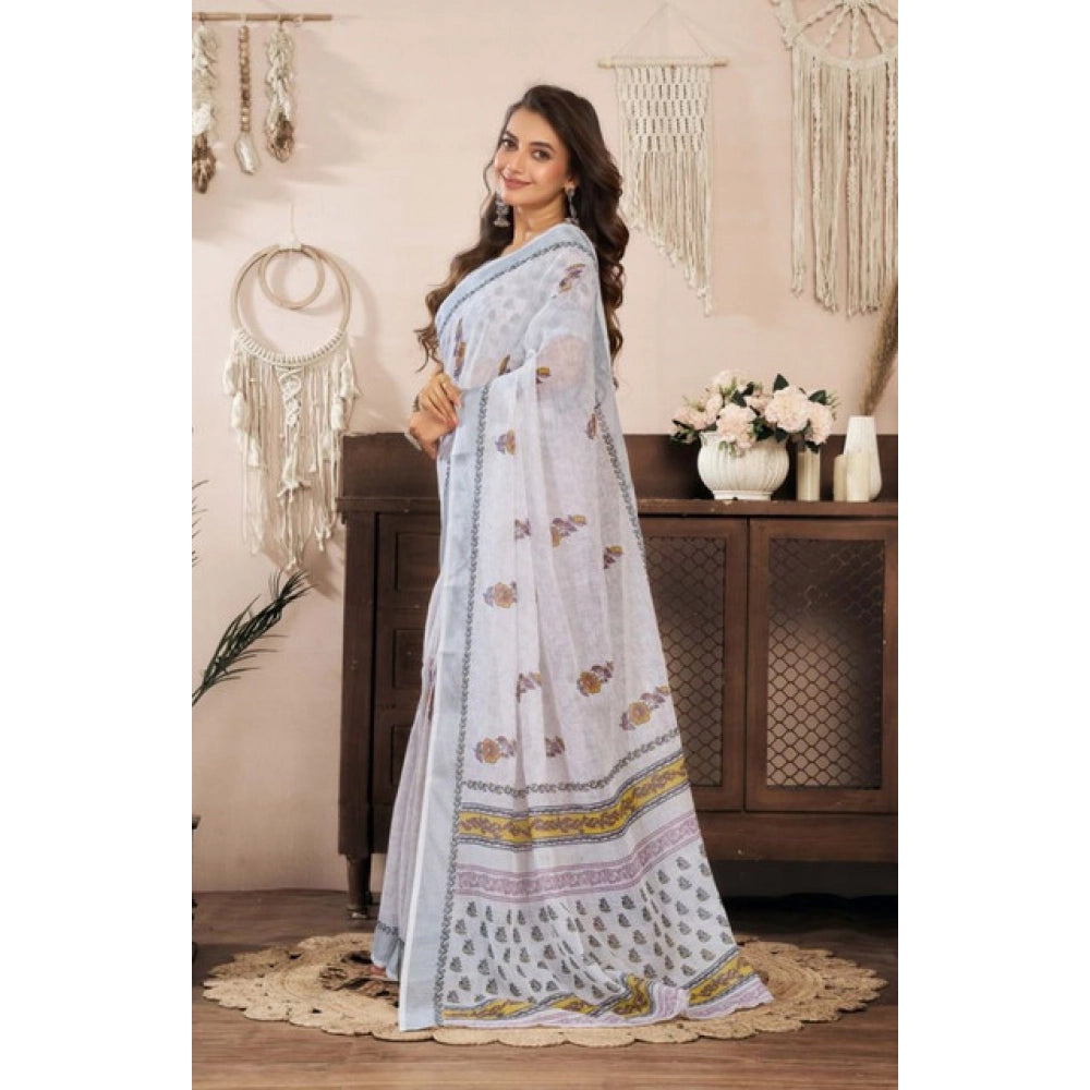 Women's Faux Linen Floral Print Ready to wear Saree With Unstitched Blouse 5.5Mtr (Off_White)