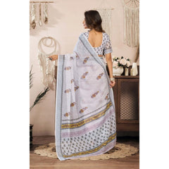 Women's Faux Linen Floral Print Ready to wear Saree With Unstitched Blouse 5.5Mtr (Off_White)