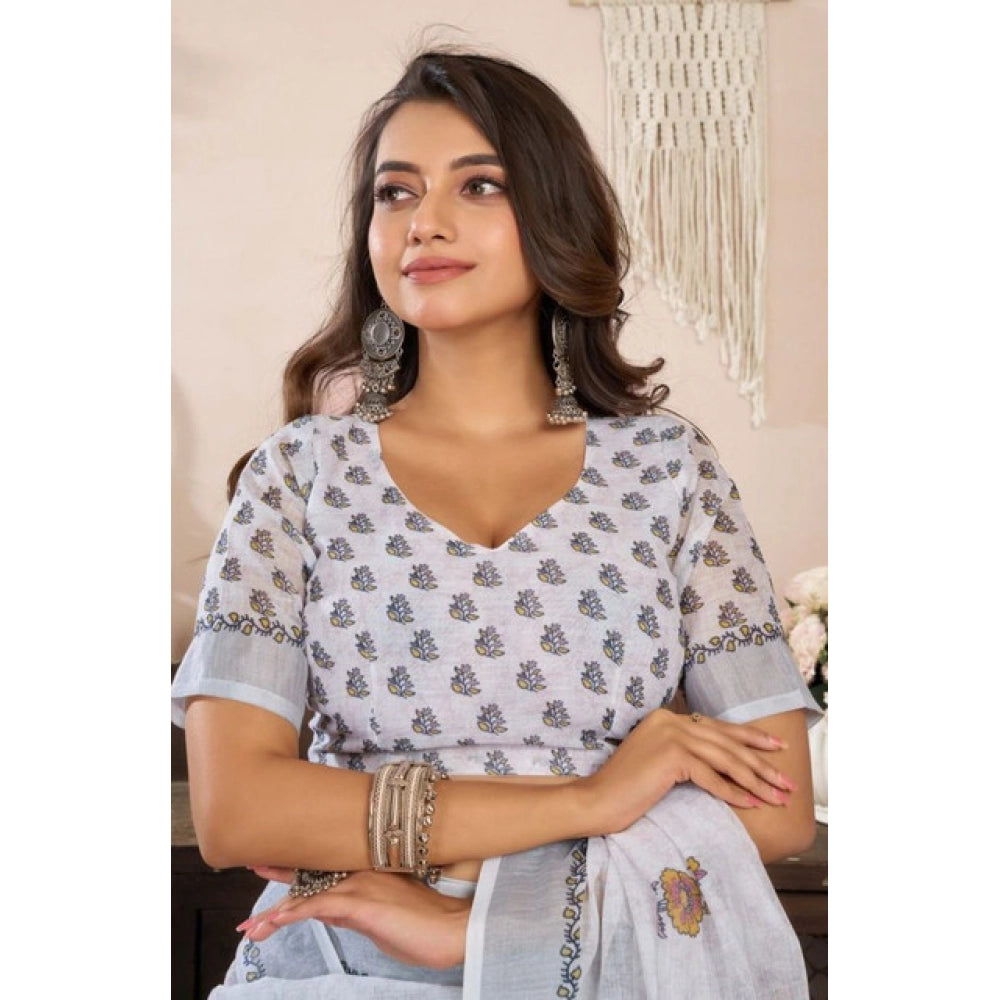 Women's Faux Linen Floral Print Ready to wear Saree With Unstitched Blouse 5.5Mtr (Off_White)