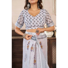 Women's Faux Linen Floral Print Ready to wear Saree With Unstitched Blouse 5.5Mtr (Off_White)