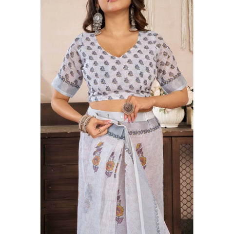 Women's Faux Linen Floral Print Ready to wear Saree With Unstitched Blouse 5.5Mtr (Off_White)