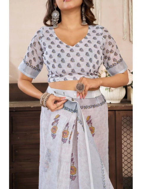 Women's Faux Linen Floral Print Ready to wear Saree With Unstitched Blouse 5.5Mtr (Off_White)
