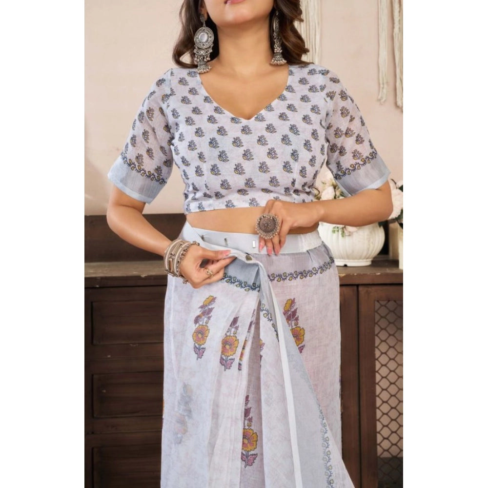Women's Faux Linen Floral Print Ready to wear Saree With Unstitched Blouse 5.5Mtr (Off_White)