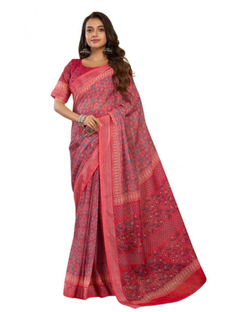 Generic Women's Faux Linen Geometric Print Ready to wear Saree With Unstitched Blouse 5.5Mtr (Red)