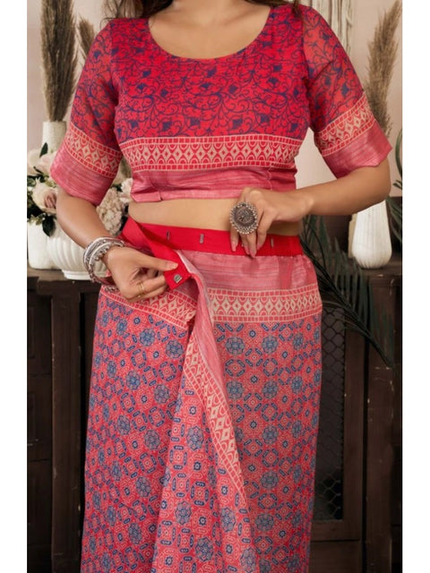 Women's Faux Linen Geometric Print Ready to wear Saree With Unstitched Blouse 5.5Mtr (Red)