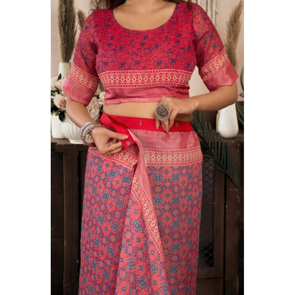 Women's Faux Linen Geometric Print Ready to wear Saree With Unstitched Blouse 5.5Mtr (Red)