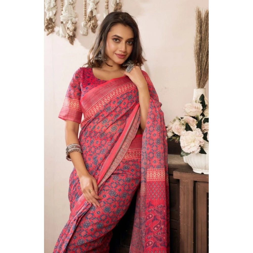 Women's Faux Linen Geometric Print Ready to wear Saree With Unstitched Blouse 5.5Mtr (Red)